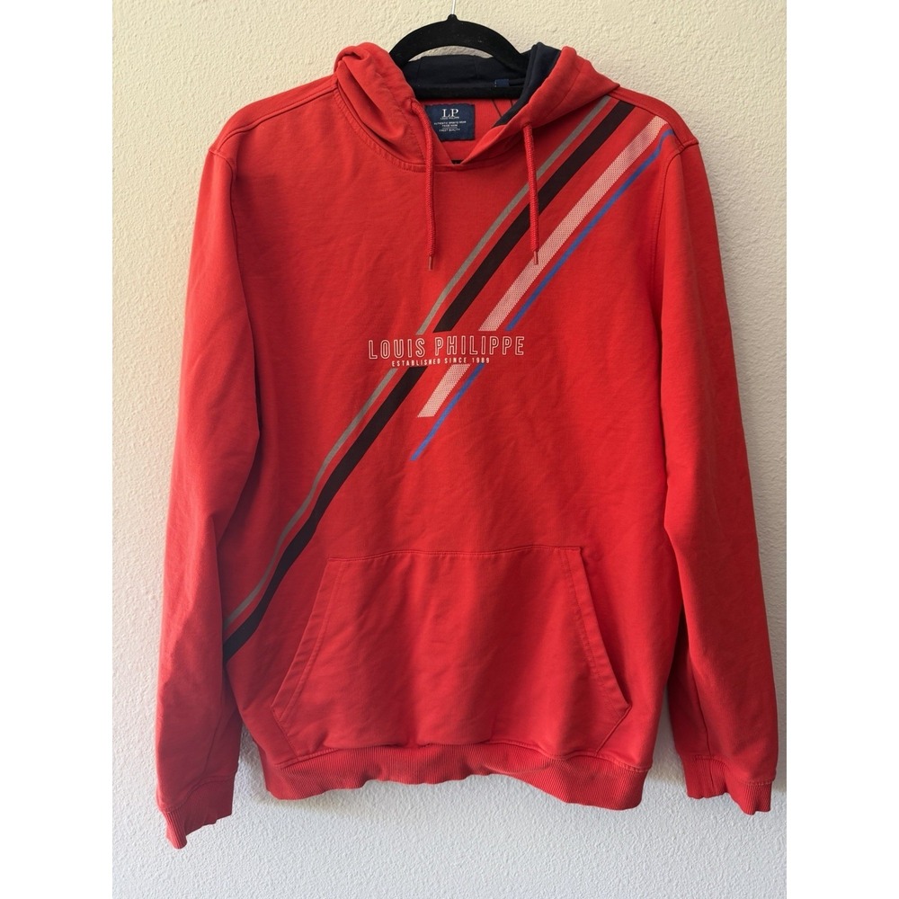 Louis Philippe Men's Hooded Sweatshirt Red Striped Size Medium